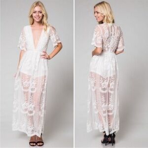 Honey Punch White Sheer Embroidered Maxi Dress